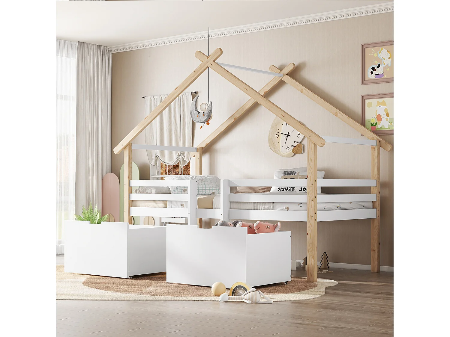 Kinderbed, halfhoog bed, speelhuisbed met dak, vierzijdige omheining, met ladder, 2 opbergvakken op wielen, grenen + MDF, wit + naturel, 90x200cm
