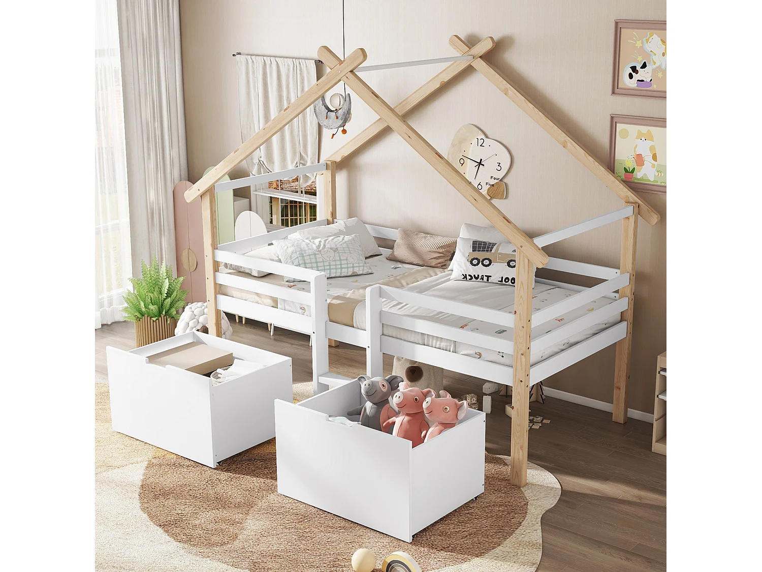 Kinderbed, halfhoog bed, speelhuisbed met dak, vierzijdige omheining, met ladder, 2 opbergvakken op wielen, grenen + MDF, wit + naturel, 90x200cm