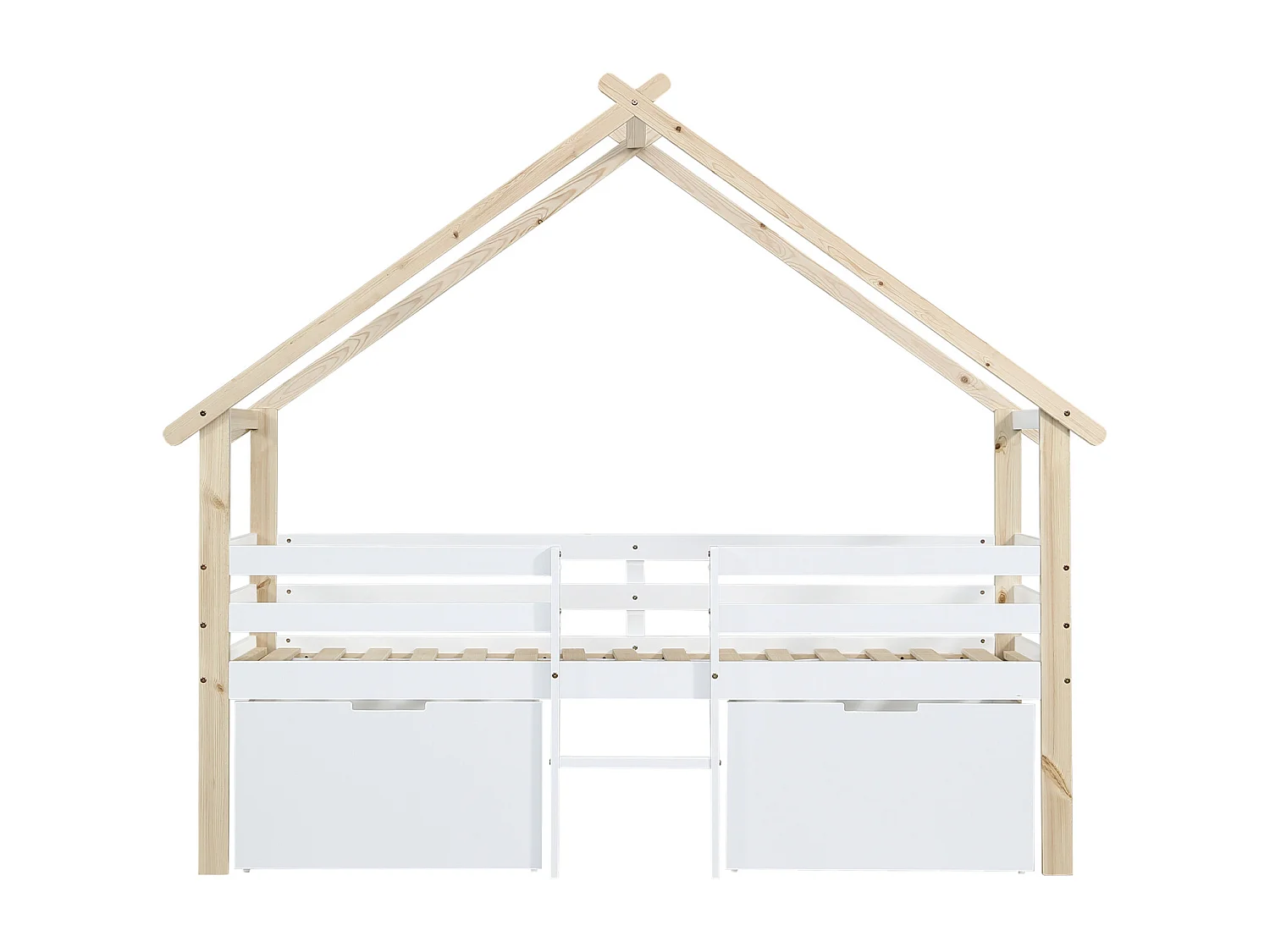 Kinderbed, halfhoog bed, speelhuisbed met dak, vierzijdige omheining, met ladder, 2 opbergvakken op wielen, grenen + MDF, wit + naturel, 90x200cm