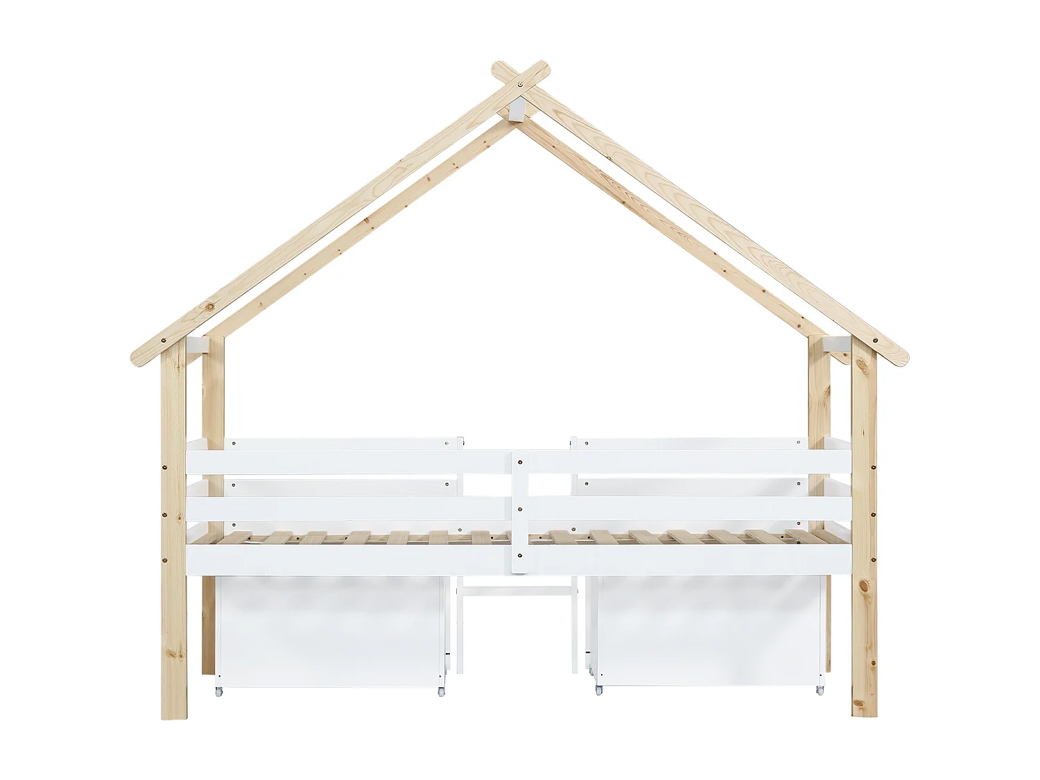 Kinderbed, halfhoog bed, speelhuisbed met dak, vierzijdige omheining, met ladder, 2 opbergvakken op wielen, grenen + MDF, wit + naturel, 90x200cm
