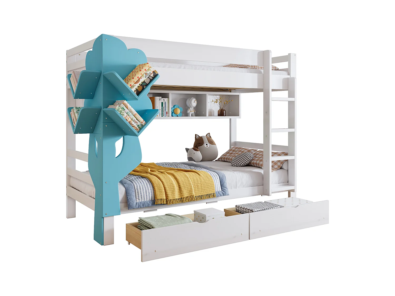 Beliche infantil, estante árvore, 2 gavetas, portão segurança, pinho+MDF, branco+azul, 90x200cm