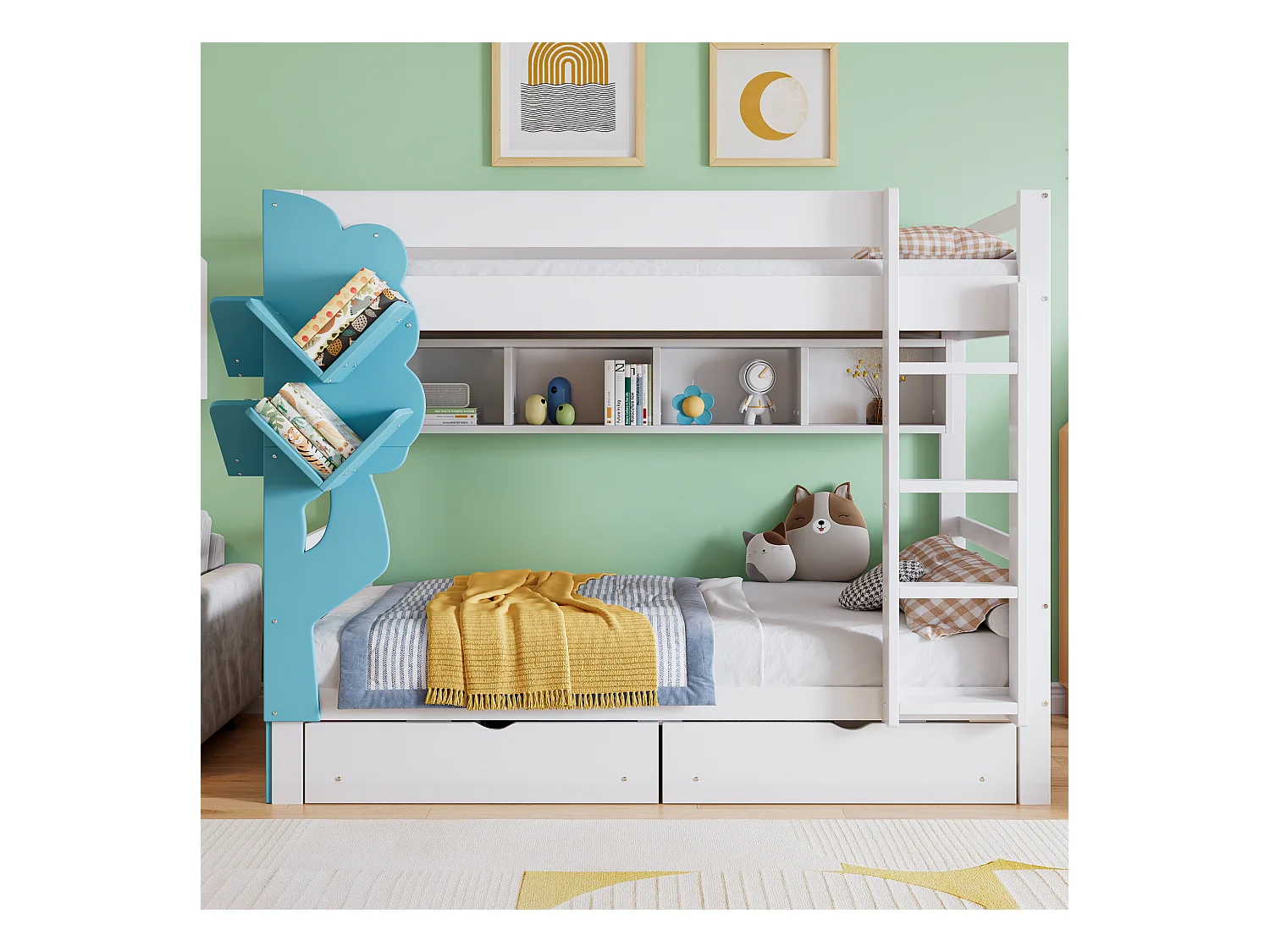 Beliche infantil, estante árvore, 2 gavetas, portão segurança, pinho+MDF, branco+azul, 90x200cm