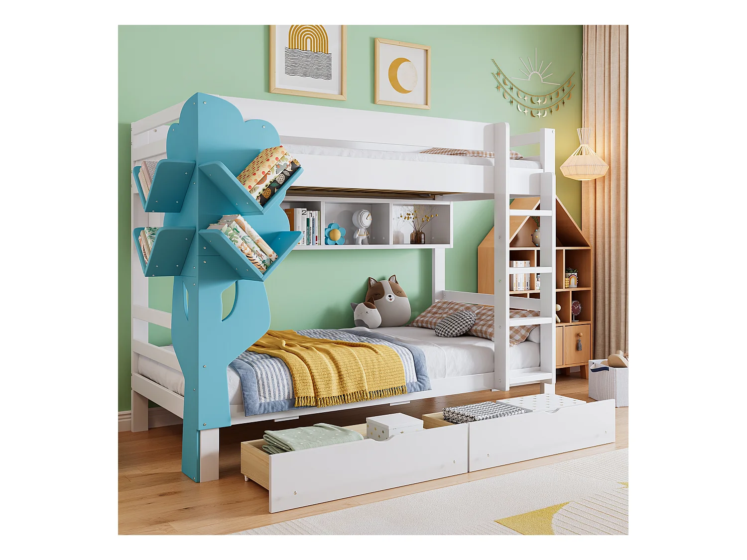 Lit superposé enfant, protection, garde-corps, échelle 4 marches, 6 étagères, meuble latéral, rangement, pin+PB, blanc+naturel, 90x200cm