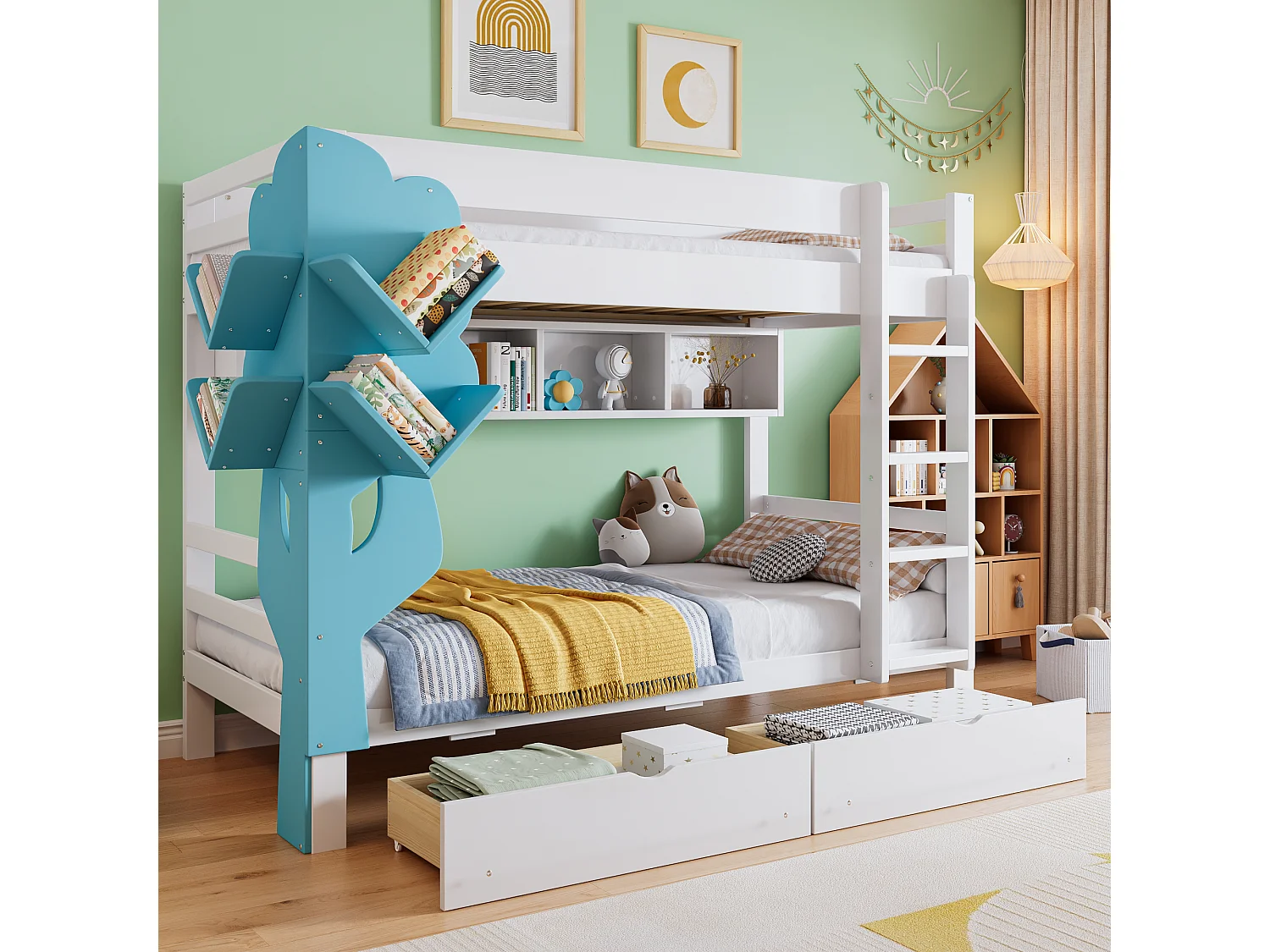 Litera infantil, protección, barandilla, escalera 4 peldaños, 6 estantes, armario lateral, almacenaje, pino+PB, blanco+natural, 90x200cm