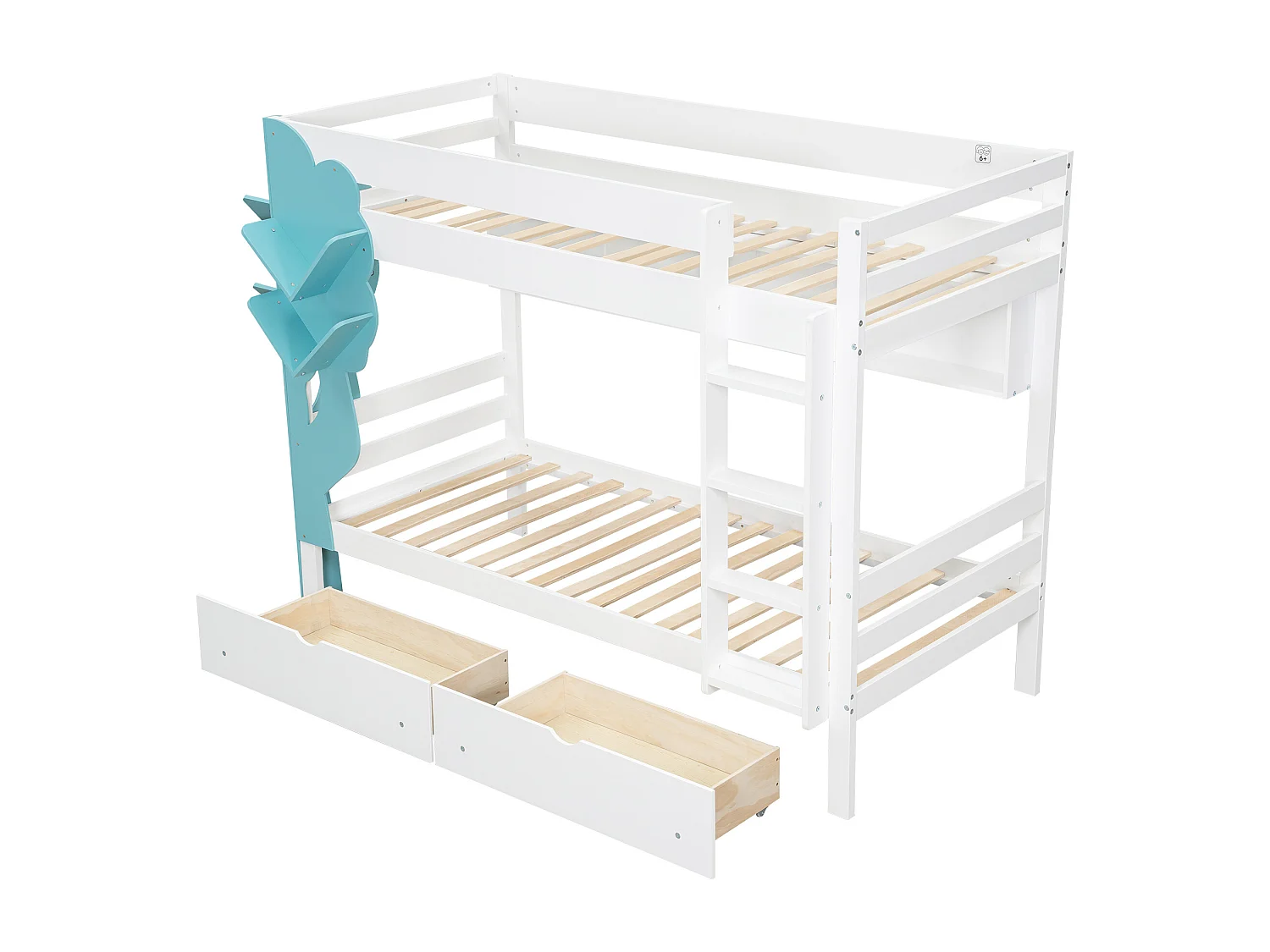 Litera infantil, protección, barandilla, escalera 4 peldaños, 6 estantes, armario lateral, almacenaje, pino+PB, blanco+natural, 90x200cm