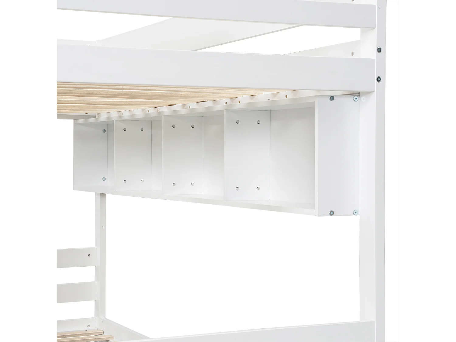 Litera infantil, protección, barandilla, escalera 4 peldaños, 6 estantes, armario lateral, almacenaje, pino+PB, blanco+natural, 90x200cm