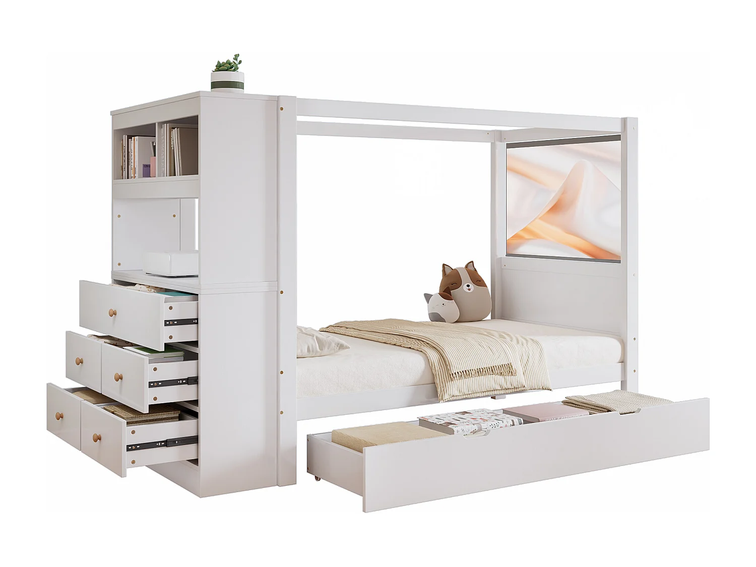 Kinder-Einzelbett, Reling, Stauraum (5-Schubladen-Kleiderschrank, Schublade auf Rollen), Kiefer+PB, weiß+natur, 90x200cm