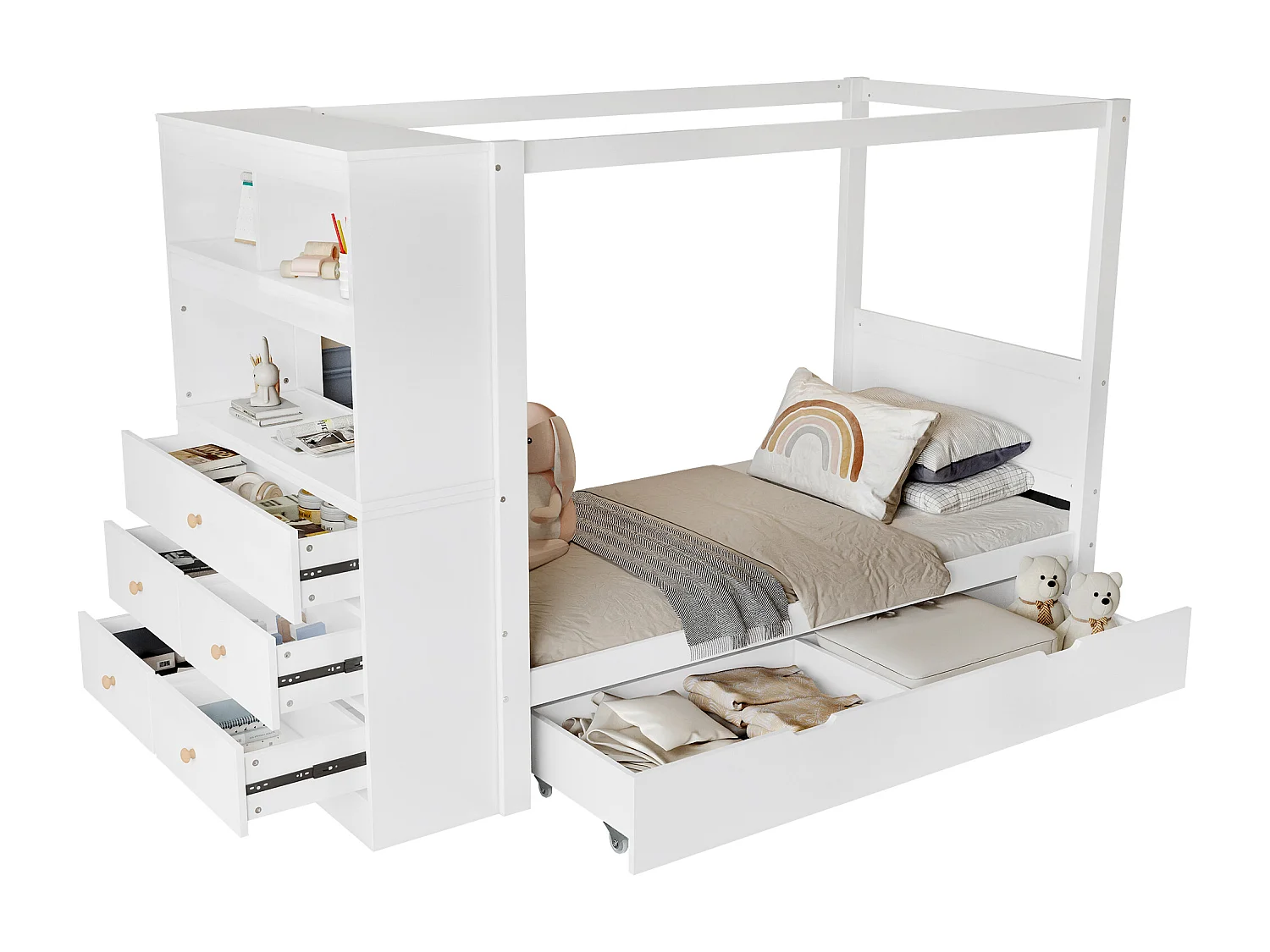 Kinder-Einzelbett, Reling, Stauraum (5-Schubladen-Kleiderschrank, Schublade auf Rollen), Kiefer+PB, weiß+natur, 90x200cm