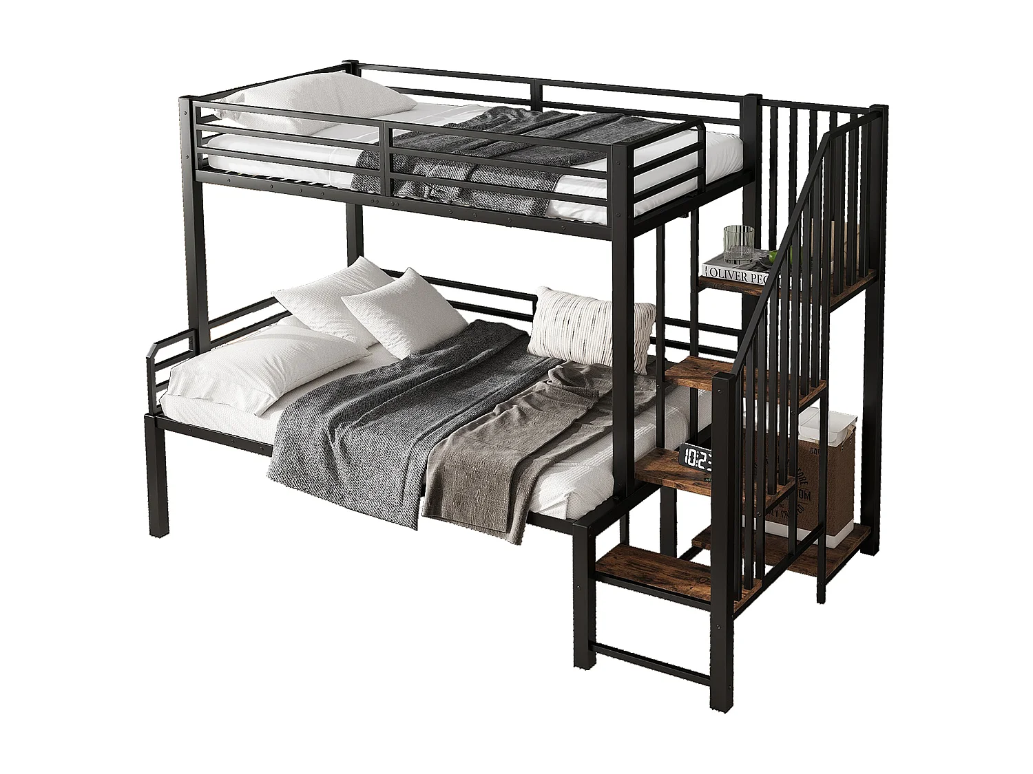 Letto a castello angolare in ferro battuto per bambini e ragazzi, con scaletta e contenitore. Materiale: ferro + MDF. Dimensioni: 90x200 cm e 120x200 cm.