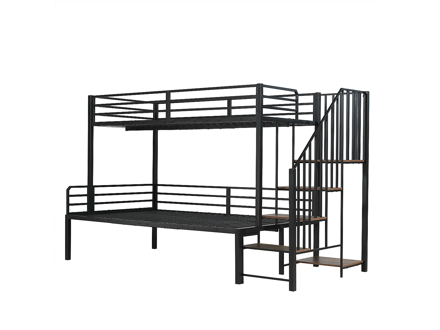 Letto a castello angolare in ferro battuto per bambini e ragazzi, con scaletta e contenitore. Materiale: ferro + MDF. Dimensioni: 90x200 cm e 120x200 cm.