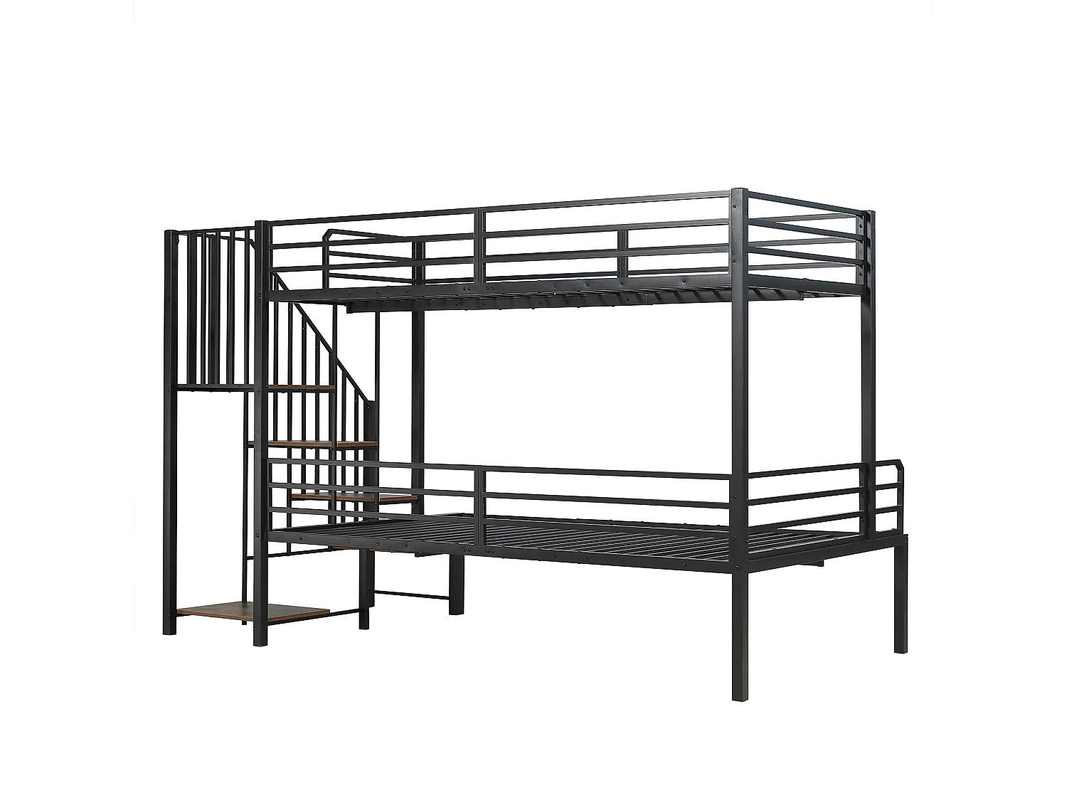 Letto a castello angolare in ferro battuto per bambini e ragazzi, con scaletta e contenitore. Materiale: ferro + MDF. Dimensioni: 90x200 cm e 120x200 cm.