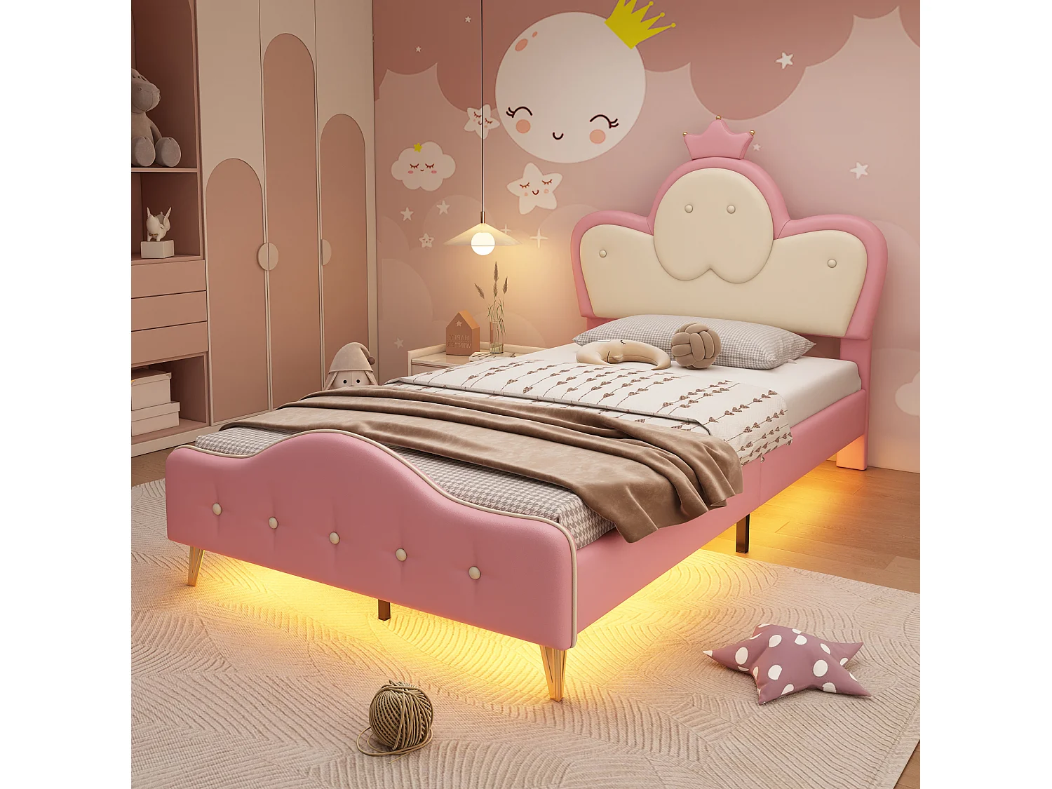 Cama tapizada infantil, bordes suaves, LED, cabecero corona, patas metal, forma onda, PU, rosa+blanco, 90x200cm