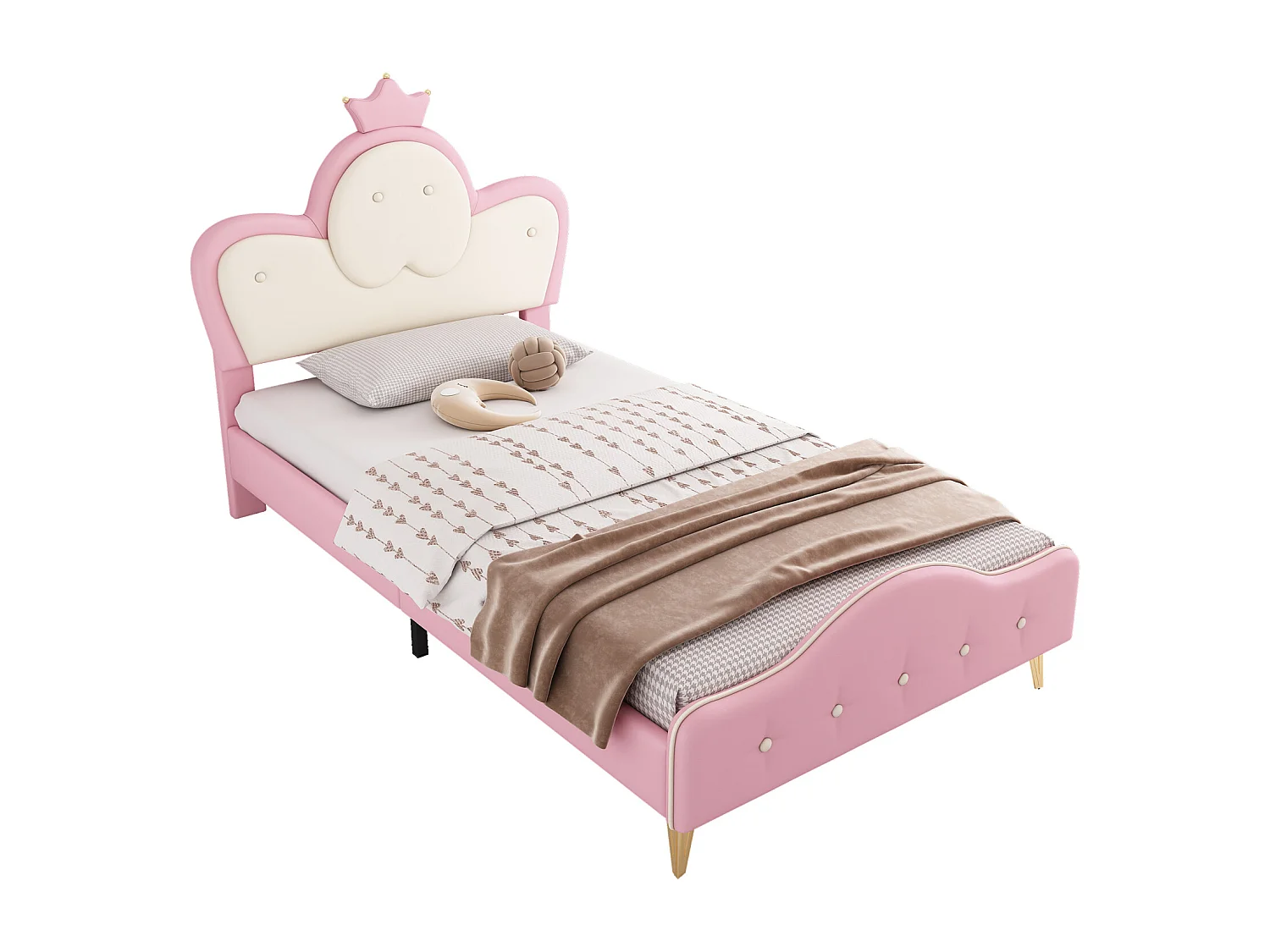 Cama tapizada infantil, bordes suaves, LED, cabecero corona, patas metal, forma onda, PU, rosa+blanco, 90x200cm