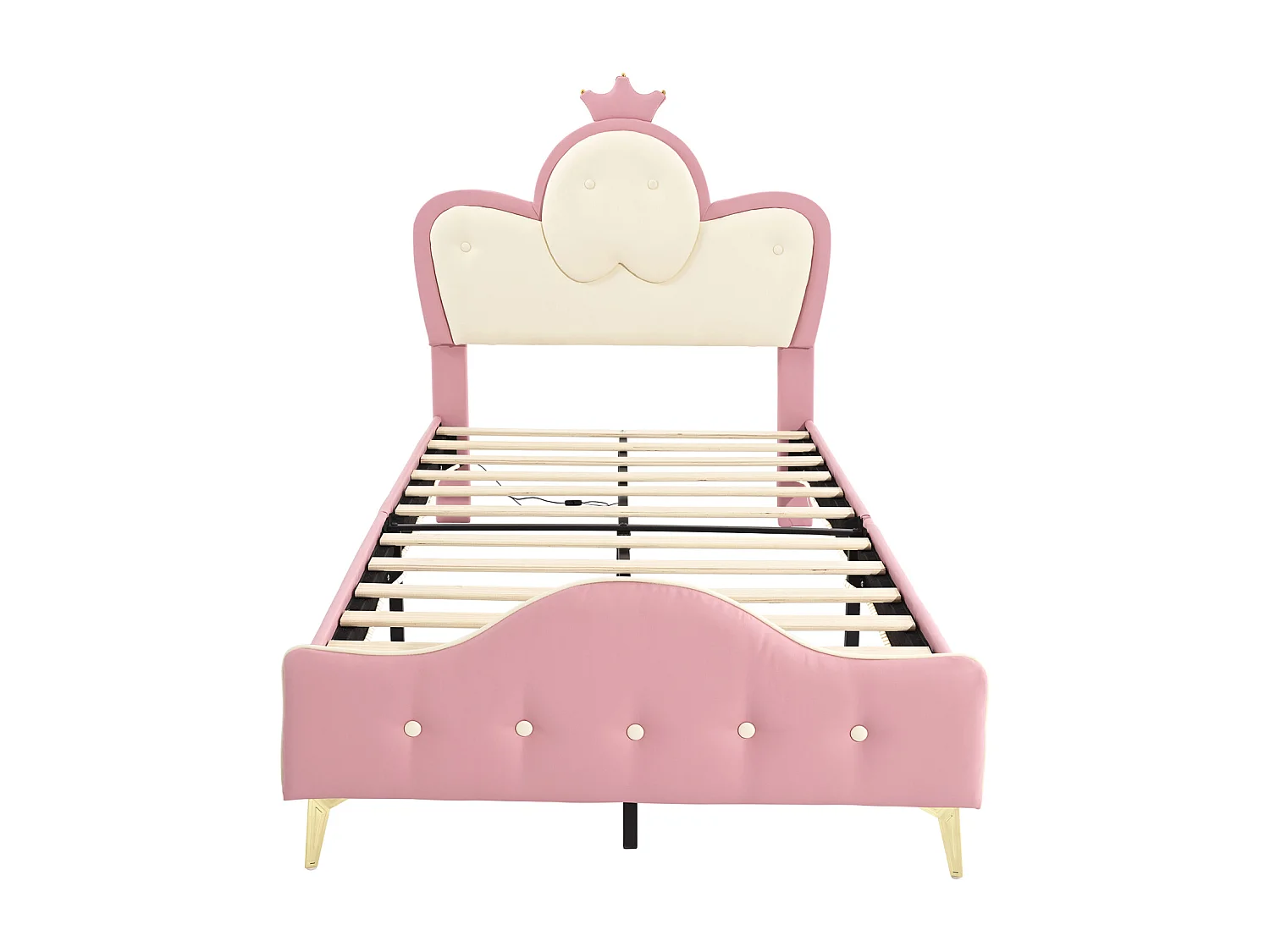 Cama tapizada infantil, bordes suaves, LED, cabecero corona, patas metal, forma onda, PU, rosa+blanco, 90x200cm