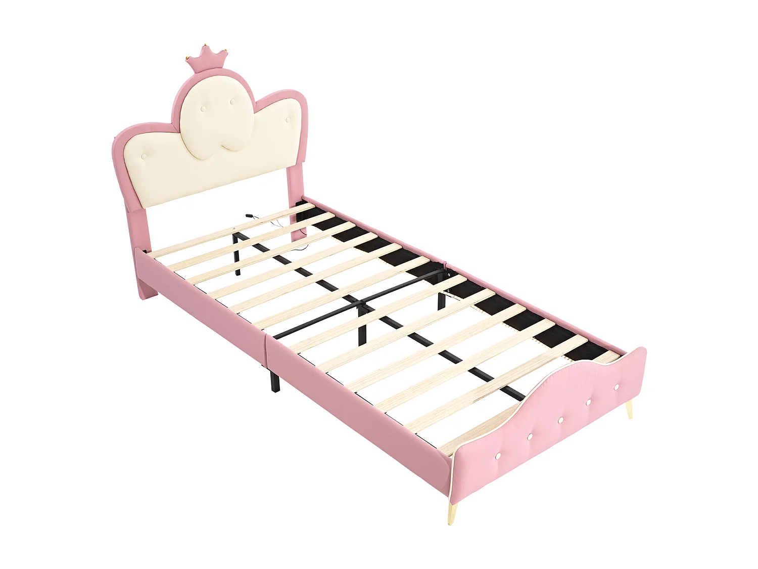 Cama tapizada infantil, bordes suaves, LED, cabecero corona, patas metal, forma onda, PU, rosa+blanco, 90x200cm