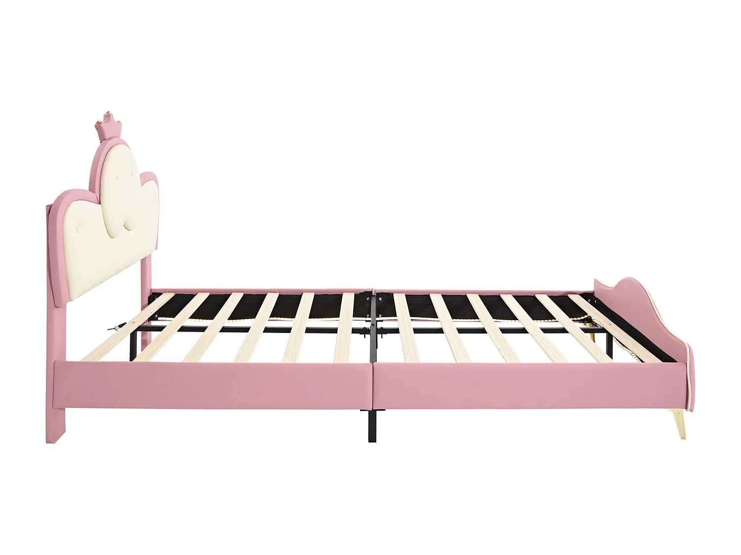 Cama tapizada infantil, bordes suaves, LED, cabecero corona, patas metal, forma onda, PU, rosa+blanco, 90x200cm