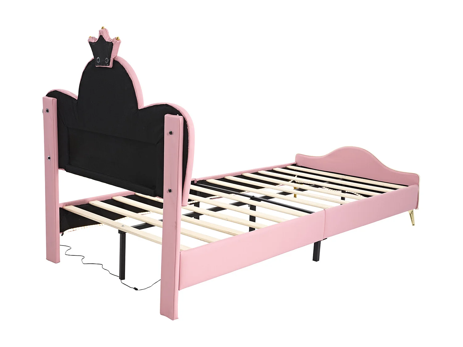 Cama tapizada infantil, bordes suaves, LED, cabecero corona, patas metal, forma onda, PU, rosa+blanco, 90x200cm