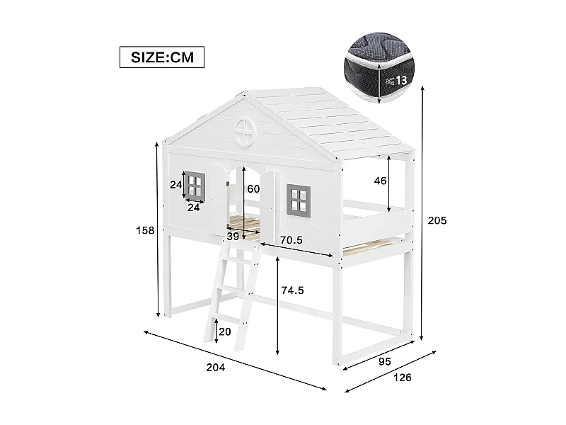 Home Bett, Leiter, Geländer, 2 graue Fenster, freistehendes Untergestell, Kiefer, Kiefer+MDF, weiß+grau, 90x200cm
