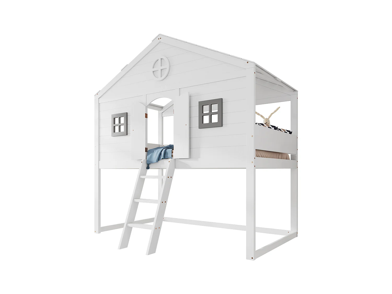 Lit maison, échelle, garde-corps, 2 fenêtres grises, sommier autoportant, pin, pin+MDF, blanc+gris, 90x200cm