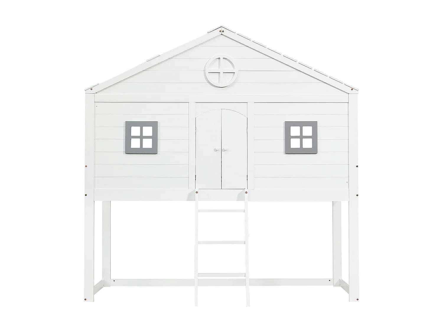 Lit maison, échelle, garde-corps, 2 fenêtres grises, sommier autoportant, pin, pin+MDF, blanc+gris, 90x200cm