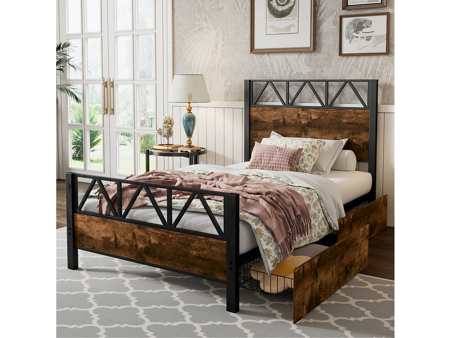 Lit enfant métal, bois vintage, 2 tiroirs sur roulettes, ado/adulte, métal+MDF, noir+noyer, 90x200cm