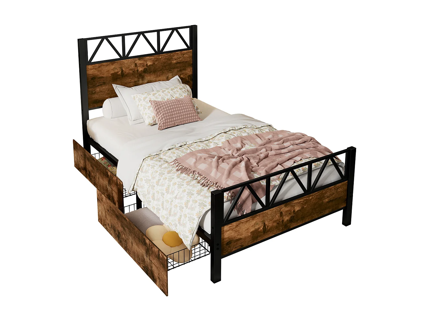 Lit enfant métal, bois vintage, 2 tiroirs sur roulettes, ado/adulte, métal+MDF, noir+noyer, 90x200cm