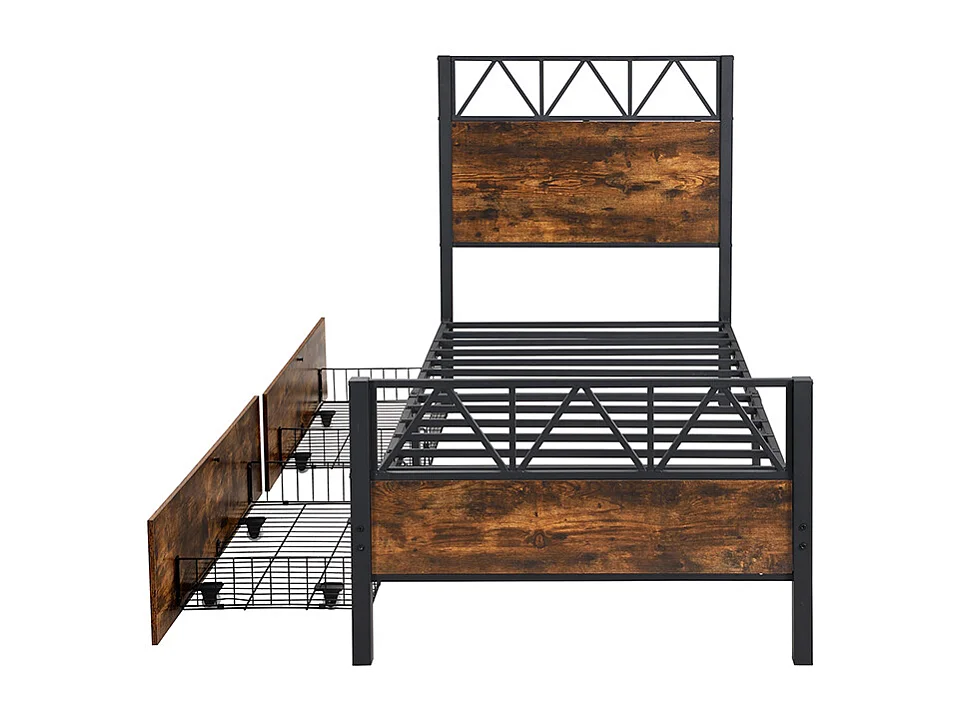 Lit enfant métal, bois vintage, 2 tiroirs sur roulettes, ado/adulte, métal+MDF, noir+noyer, 90x200cm