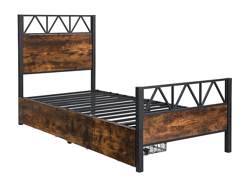 Lit enfant métal, bois vintage, 2 tiroirs sur roulettes, ado/adulte, métal+MDF, noir+noyer, 90x200cm