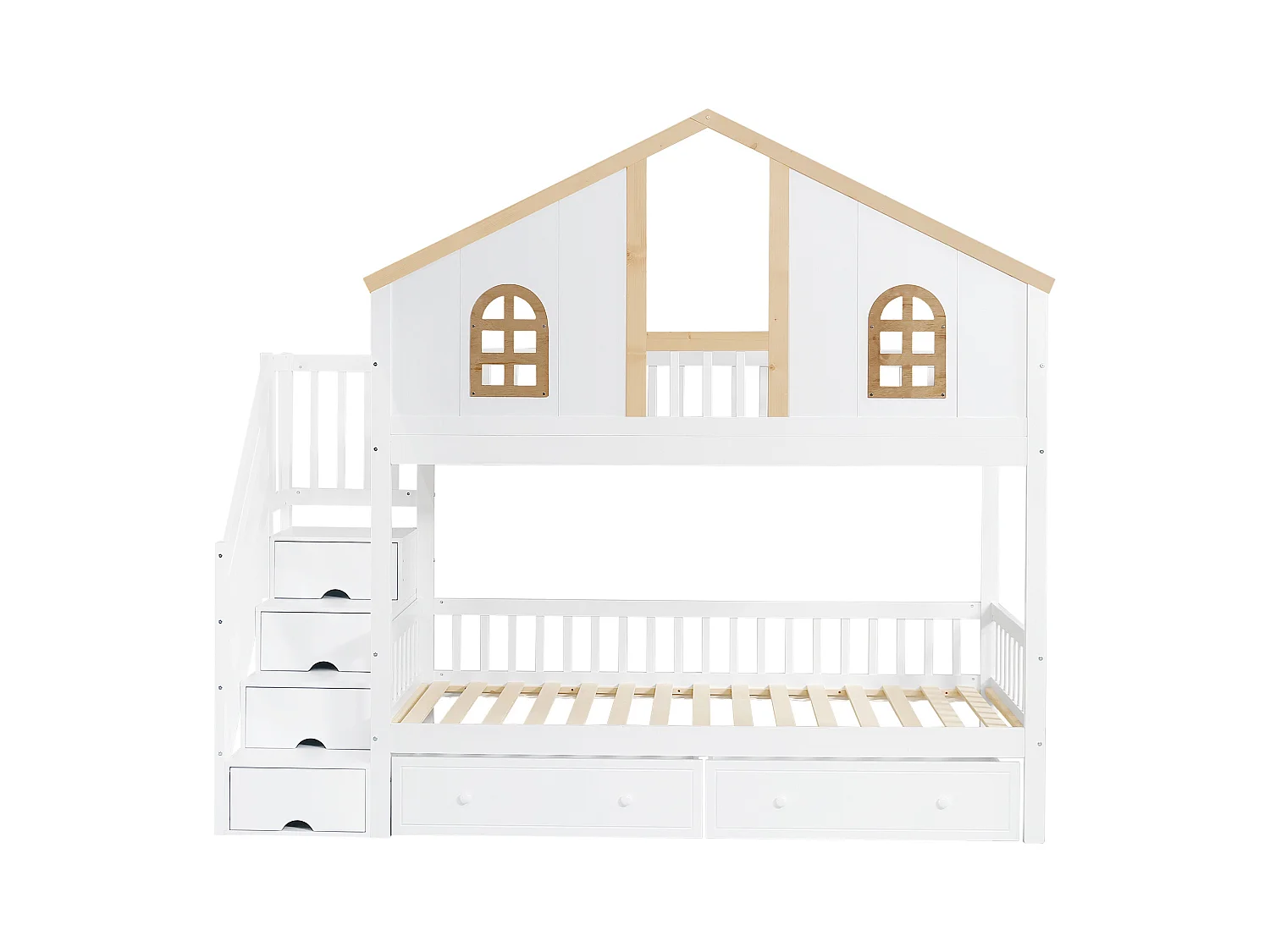 Kinder-Etagenbett, Sicherheitstür (Kontrast), Fenster, 2 Schubkästen auf Rollen, 4-Fach-Leiter, Kiefer + MDF, weiß + natur, 90x200cm