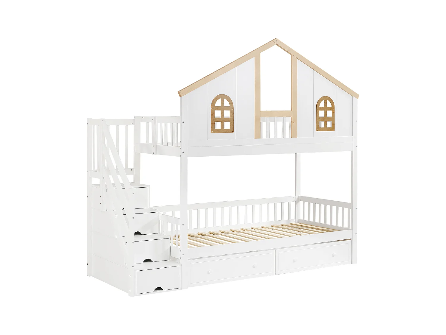 Kinder-Etagenbett, Sicherheitstür (Kontrast), Fenster, 2 Schubkästen auf Rollen, 4-Fach-Leiter, Kiefer + MDF, weiß + natur, 90x200cm