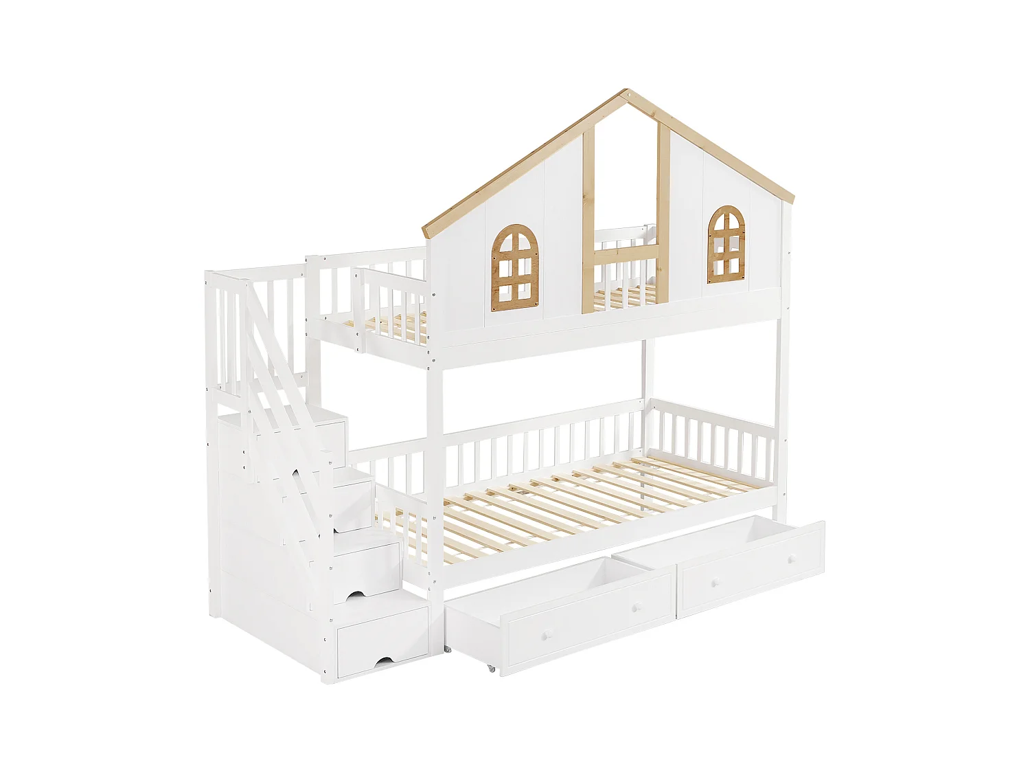 Kinder-Etagenbett, Sicherheitstür (Kontrast), Fenster, 2 Schubkästen auf Rollen, 4-Fach-Leiter, Kiefer + MDF, weiß + natur, 90x200cm