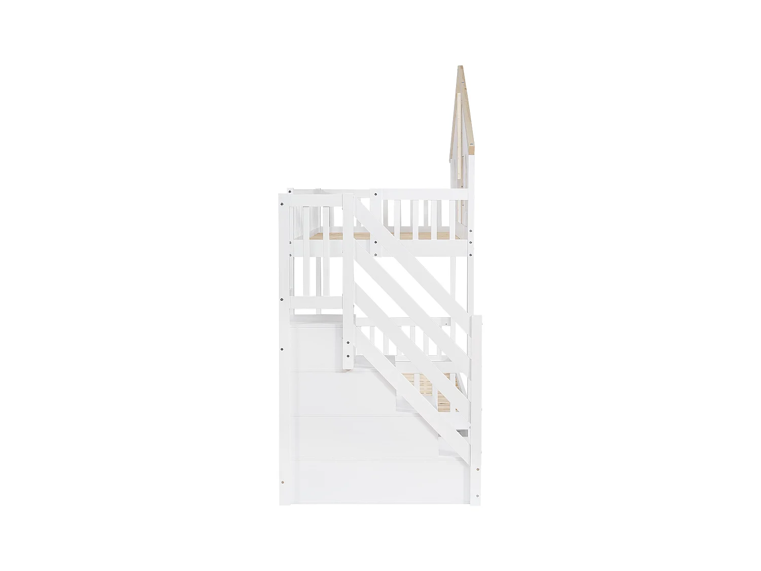 Kinder-Etagenbett, Sicherheitstür (Kontrast), Fenster, 2 Schubkästen auf Rollen, 4-Fach-Leiter, Kiefer + MDF, weiß + natur, 90x200cm