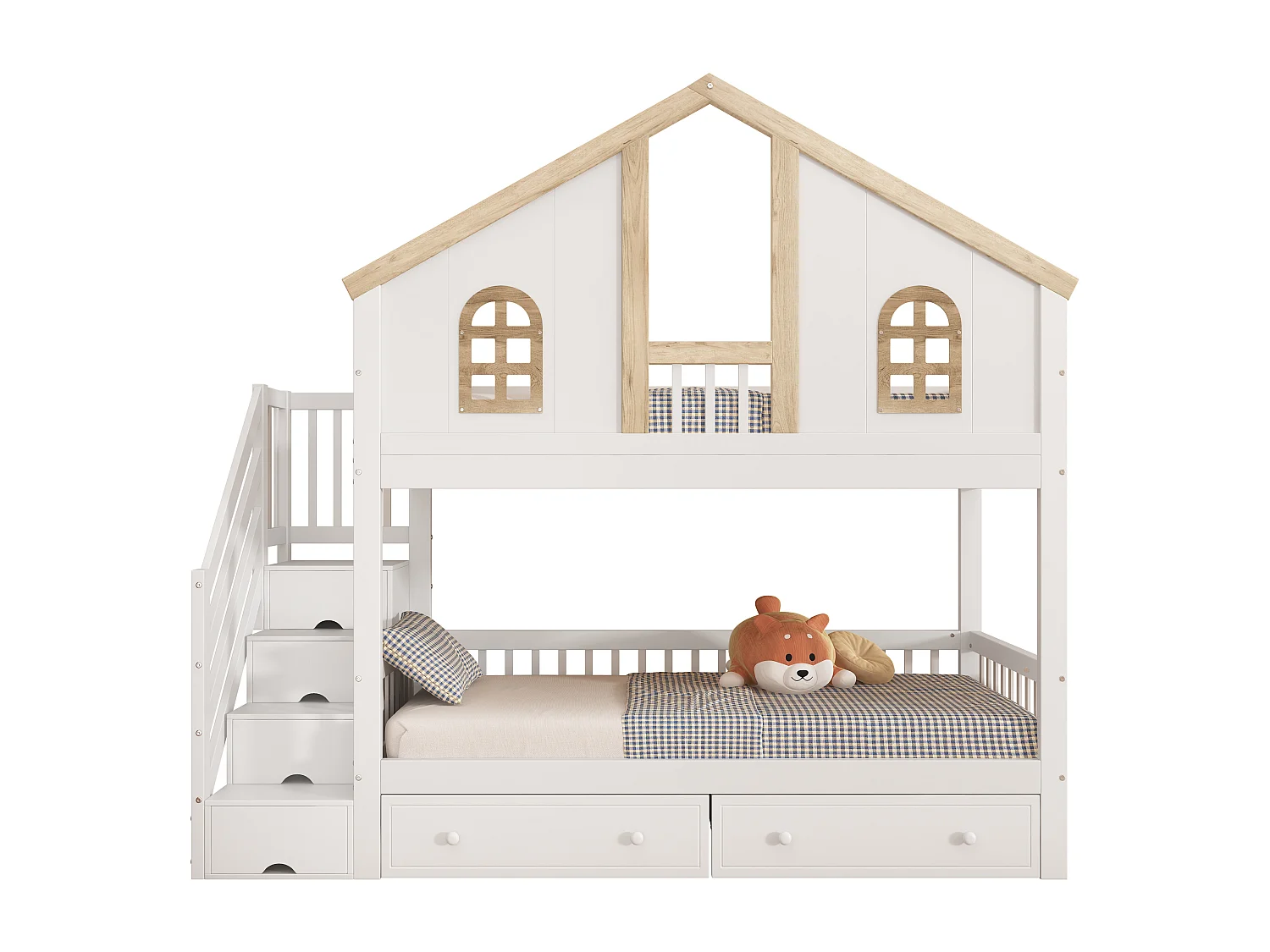 Beliche infantil, portão segurança (cor contrastante), janela, 2 gavetas, escada 4 compartimentos, pinho+MDF, branco+natural, 90x200cm