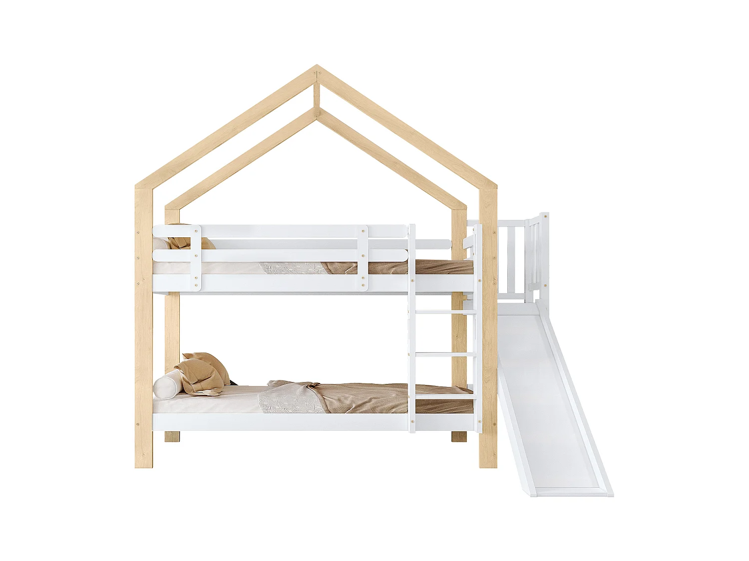 Beliche, escorregador, escada 3 degraus, proteção, madeira maciça, branco+natural, 90x200cm