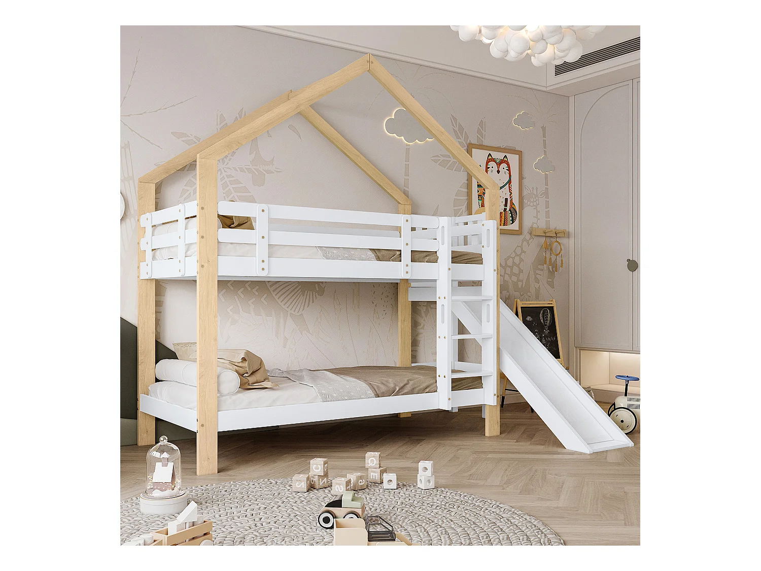 Beliche, escorregador, escada 3 degraus, proteção, madeira maciça, branco+natural, 90x200cm
