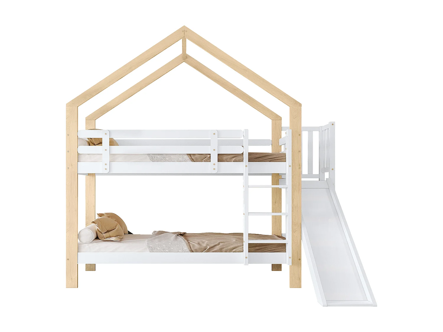 Stapelbed met glijbaan, 3-traps schuine ladder, kinderbedhuis, bescherming, massief hout, wit + naturel, 90x200cm