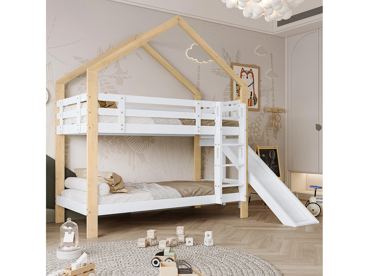 Stapelbed met glijbaan, 3-traps schuine ladder, kinderbedhuis, bescherming, massief hout, wit + naturel, 90x200cm