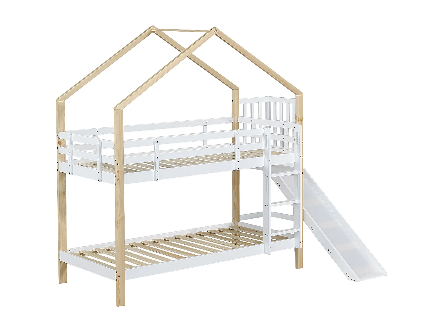 Stapelbed met glijbaan, 3-traps schuine ladder, kinderbedhuis, bescherming, massief hout, wit + naturel, 90x200cm