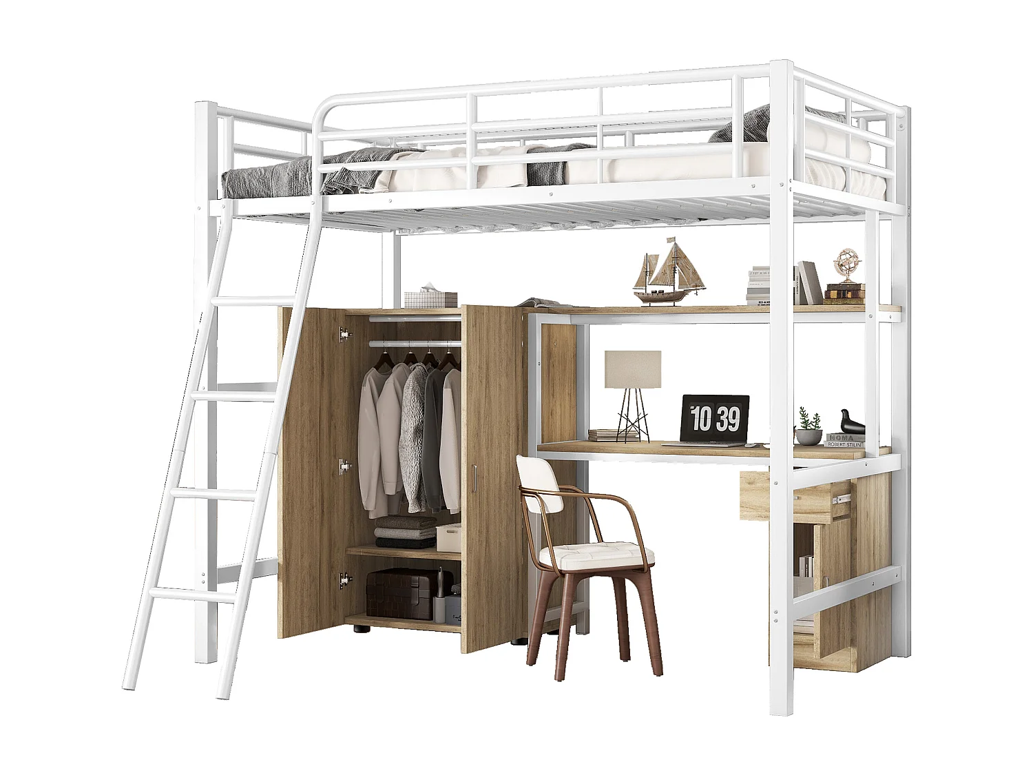 Lit superposé en fer, enfant/ado, table, armoire, rangement, échelle inclinée 4 marches, fer+aggloméré, blanc+naturel, 90x200cm