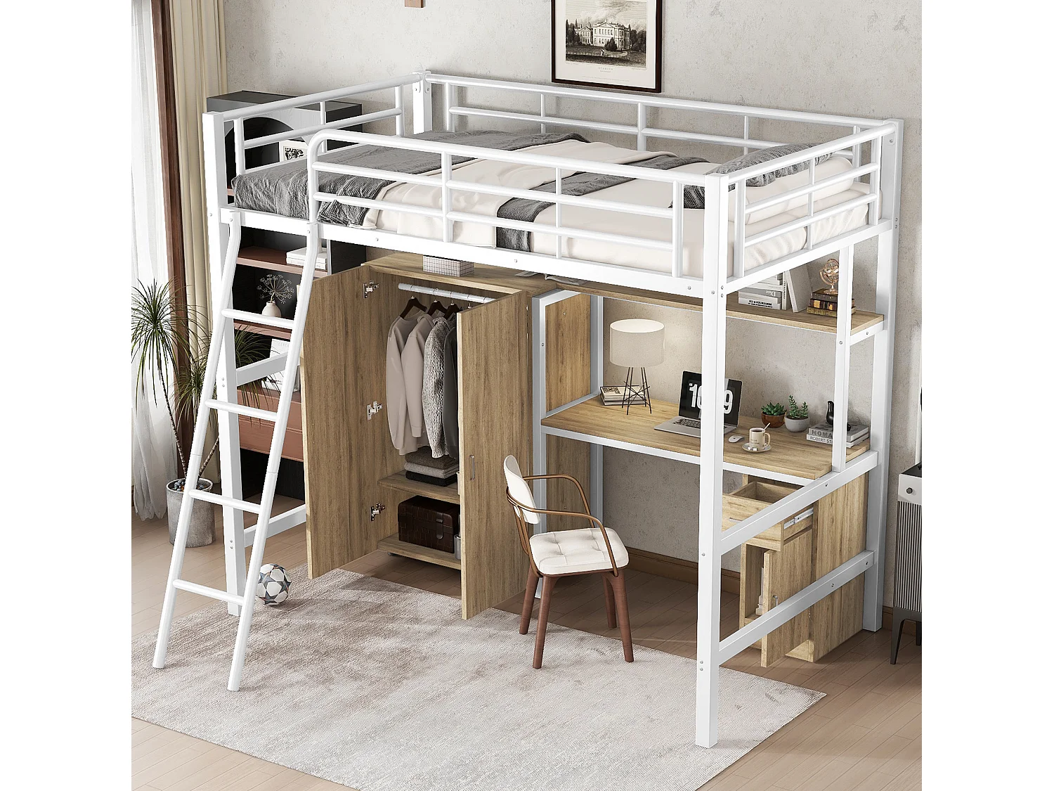 Lit superposé en fer, enfant/ado, table, armoire, rangement, échelle inclinée 4 marches, fer+aggloméré, blanc+naturel, 90x200cm