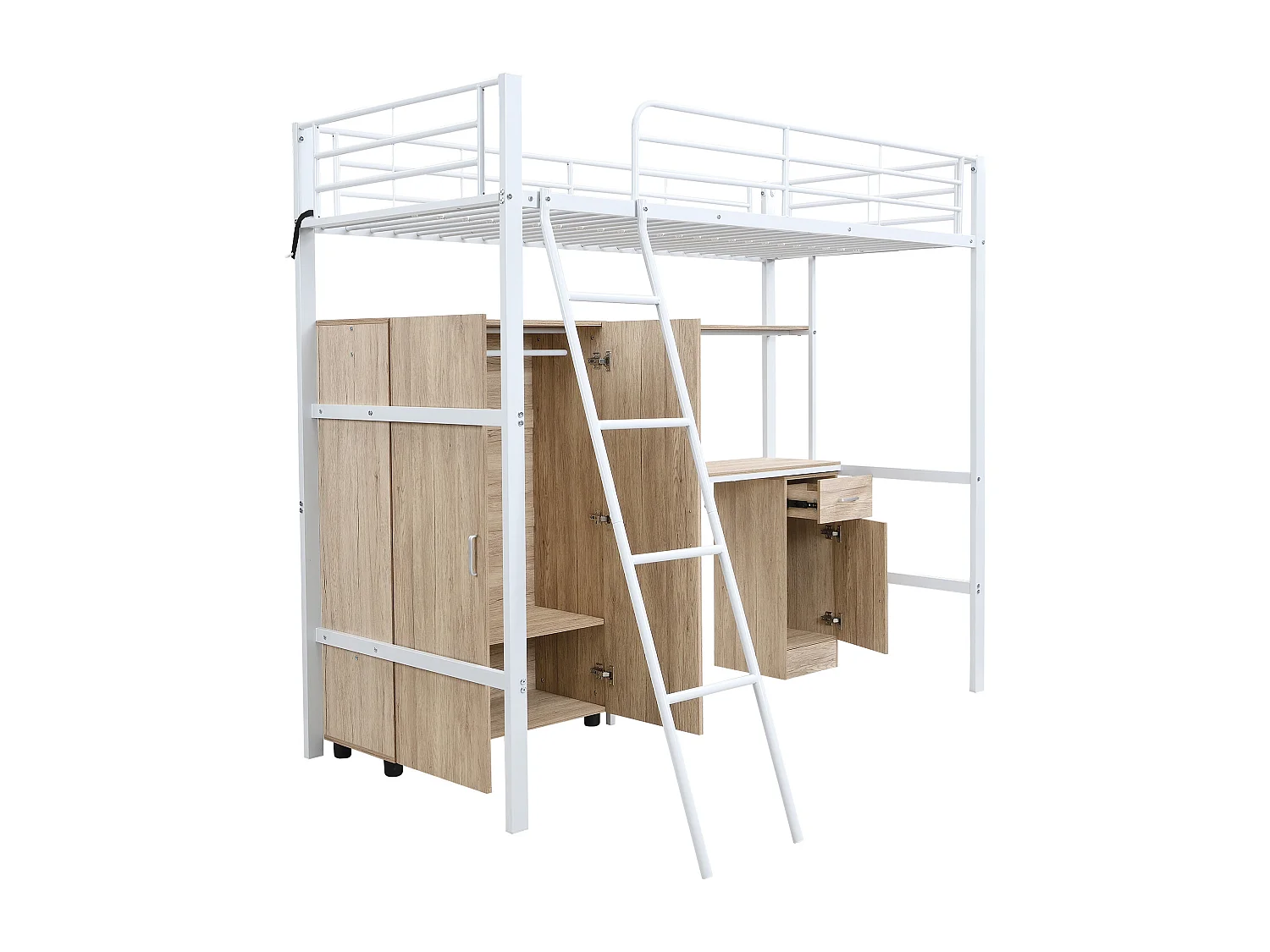 Lit superposé en fer, enfant/ado, table, armoire, rangement, échelle inclinée 4 marches, fer+aggloméré, blanc+naturel, 90x200cm