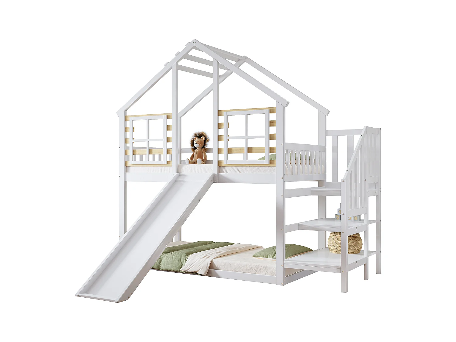 Lit superposé en bois, échelle, garde-corps, toboggan, fenêtre, rondins, protection, bois massif, blanc, 90x200cm