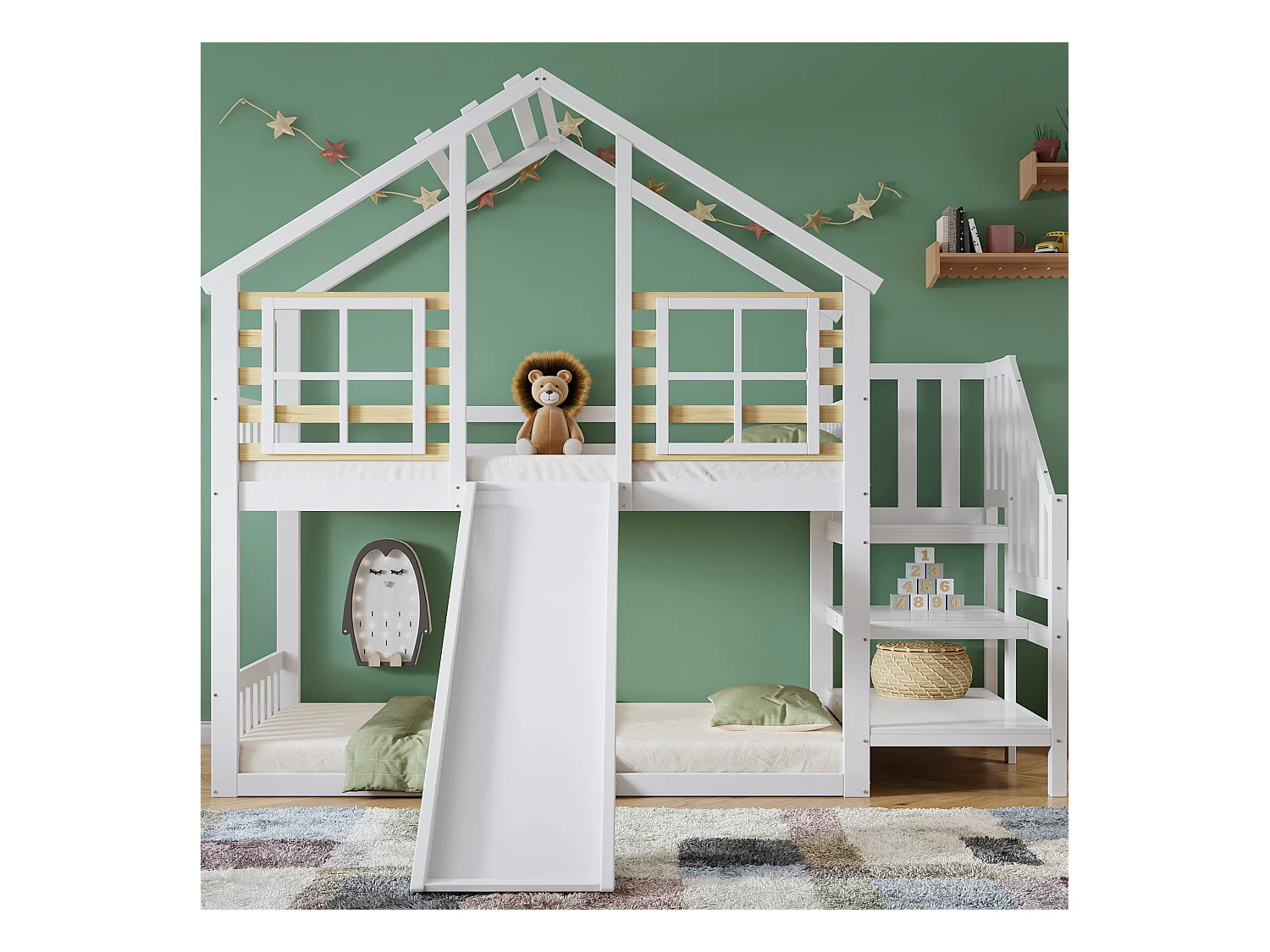 Lit superposé en bois, échelle, garde-corps, toboggan, fenêtre, rondins, protection, bois massif, blanc, 90x200cm