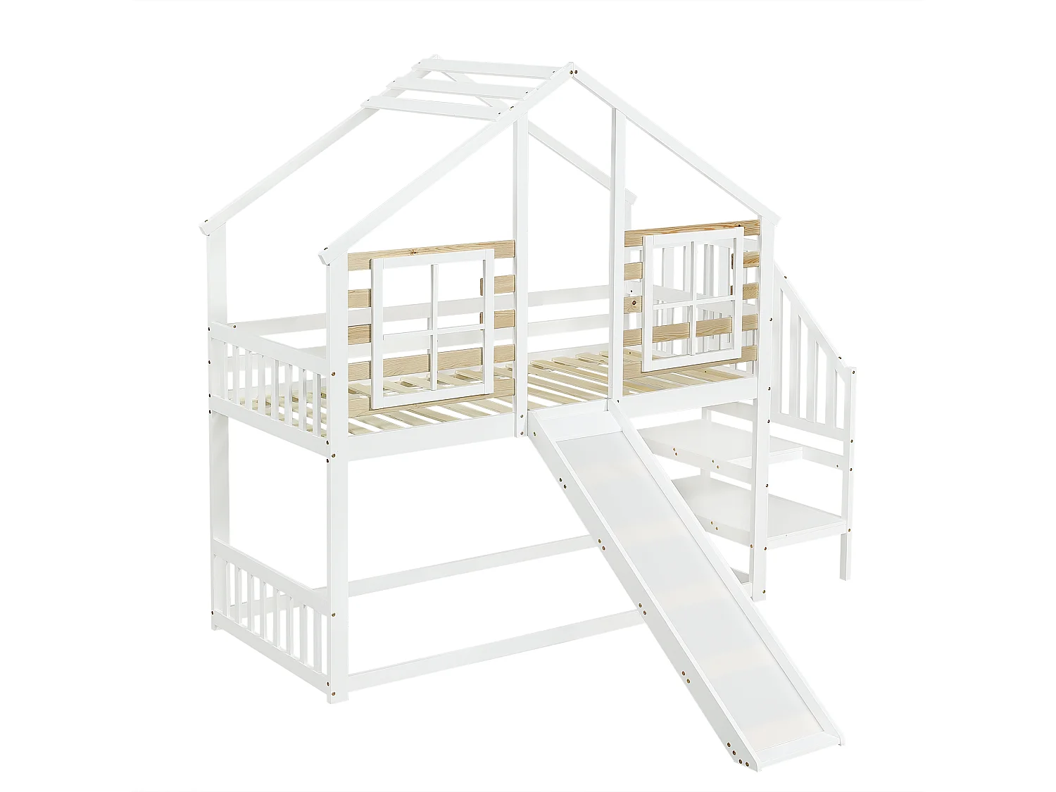 Lit superposé en bois, échelle, garde-corps, toboggan, fenêtre, rondins, protection, bois massif, blanc, 90x200cm