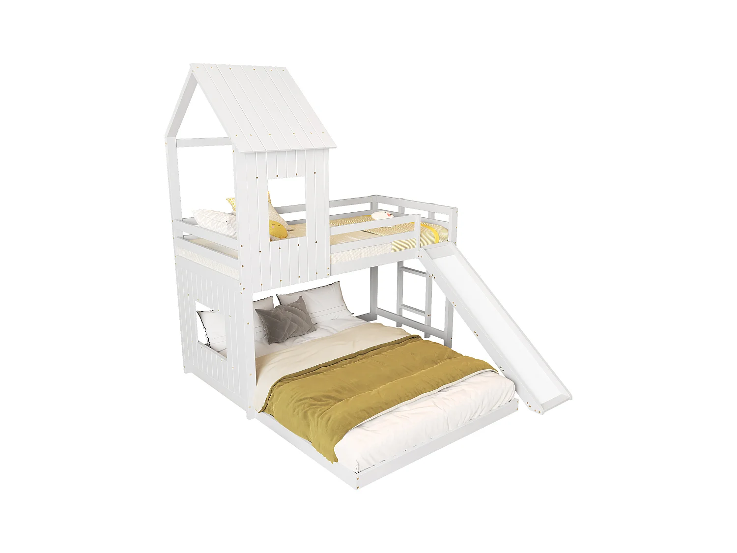 Lit superposé avec toboggan, lit cabane pour enfants, porte de sécurité, toit, fenêtre, échelle 3 marches, pin + MDF, blanc, 90/140x200cm