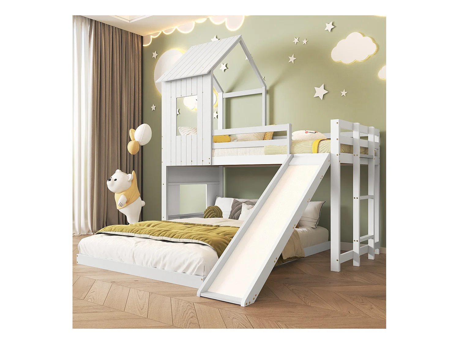 Lit superposé avec toboggan, lit cabane pour enfants, porte de sécurité, toit, fenêtre, échelle 3 marches, pin + MDF, blanc, 90/140x200cm