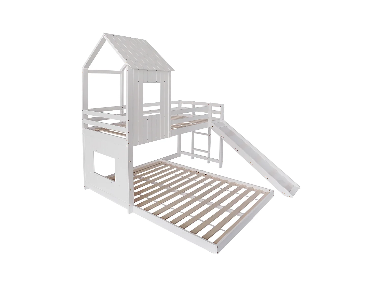 Lit superposé avec toboggan, lit cabane pour enfants, porte de sécurité, toit, fenêtre, échelle 3 marches, pin + MDF, blanc, 90/140x200cm