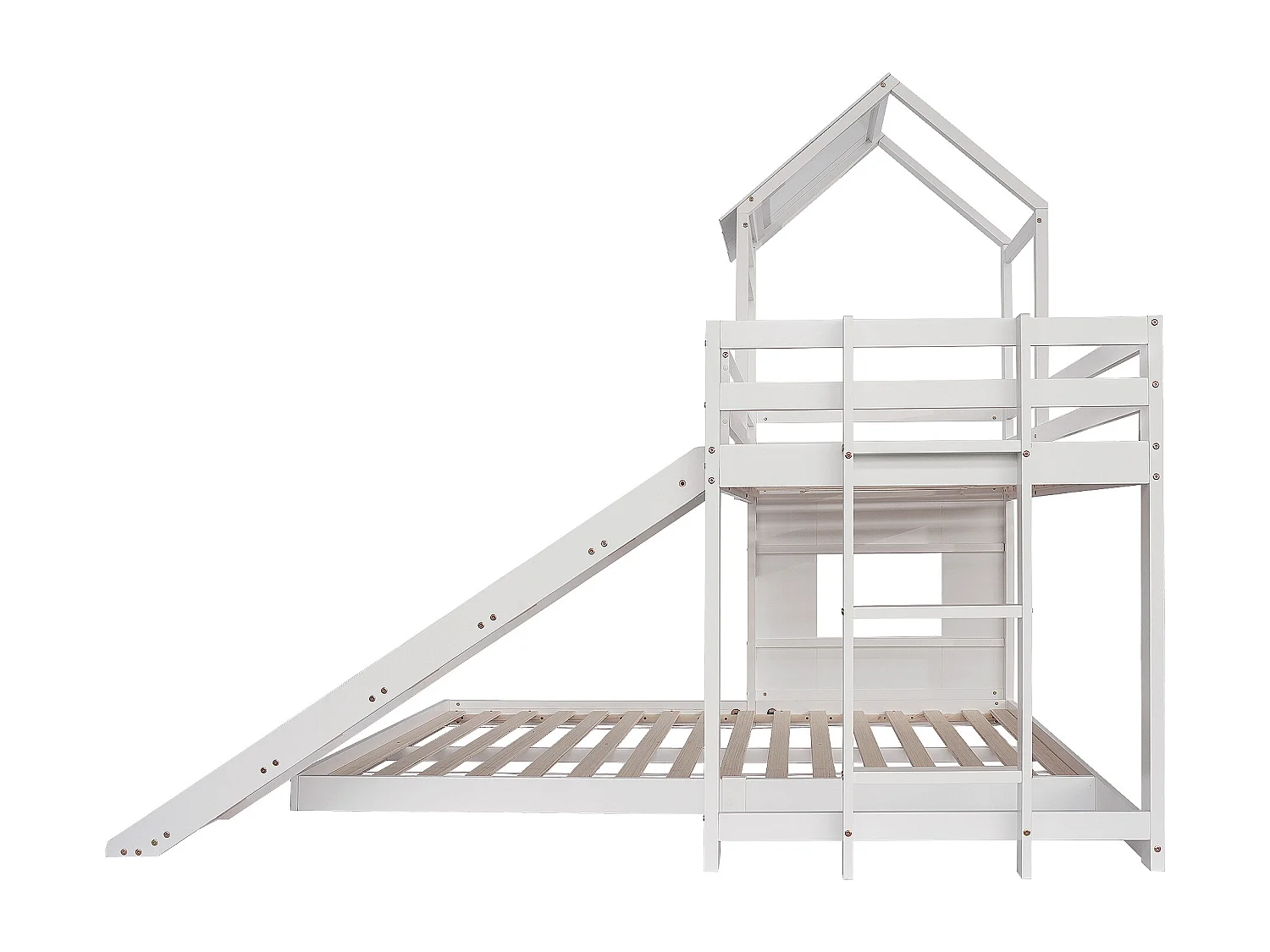 Lit superposé avec toboggan, lit cabane pour enfants, porte de sécurité, toit, fenêtre, échelle 3 marches, pin + MDF, blanc, 90/140x200cm