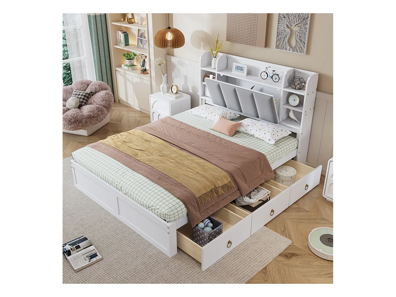 Lit double, étagère, 3 tiroirs, roulettes, poignées métal, rangement porte pliante, pin + MDF, blanc + gris, 140x200cm