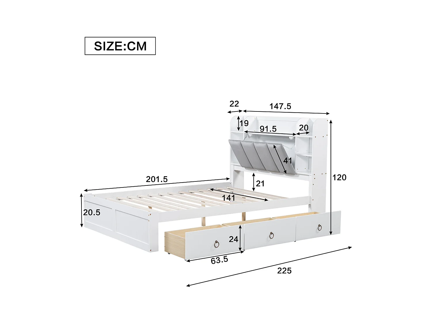 Lit double, étagère, 3 tiroirs, roulettes, poignées métal, rangement porte pliante, pin + MDF, blanc + gris, 140x200cm